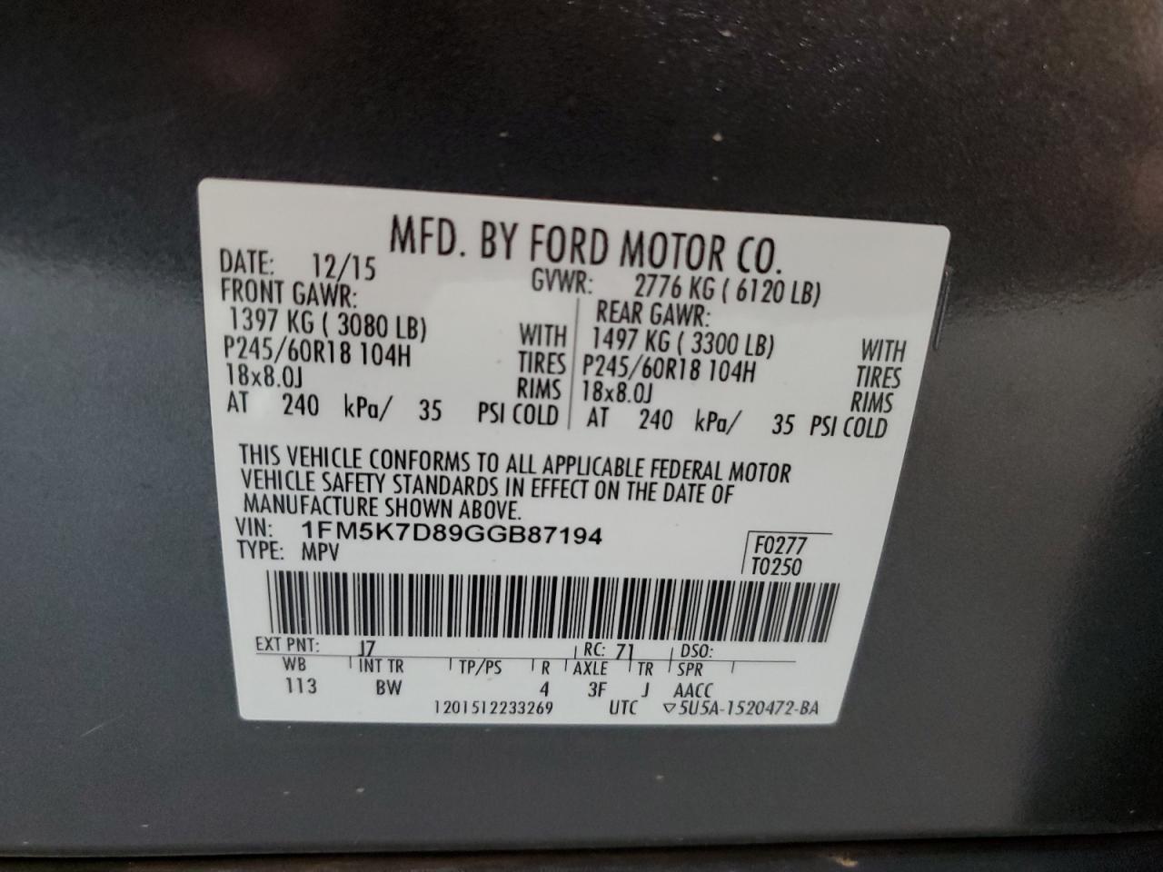 2016 Ford Explorer Xlt VIN: 1FM5K7D89GGB87194 Lot: 80488295