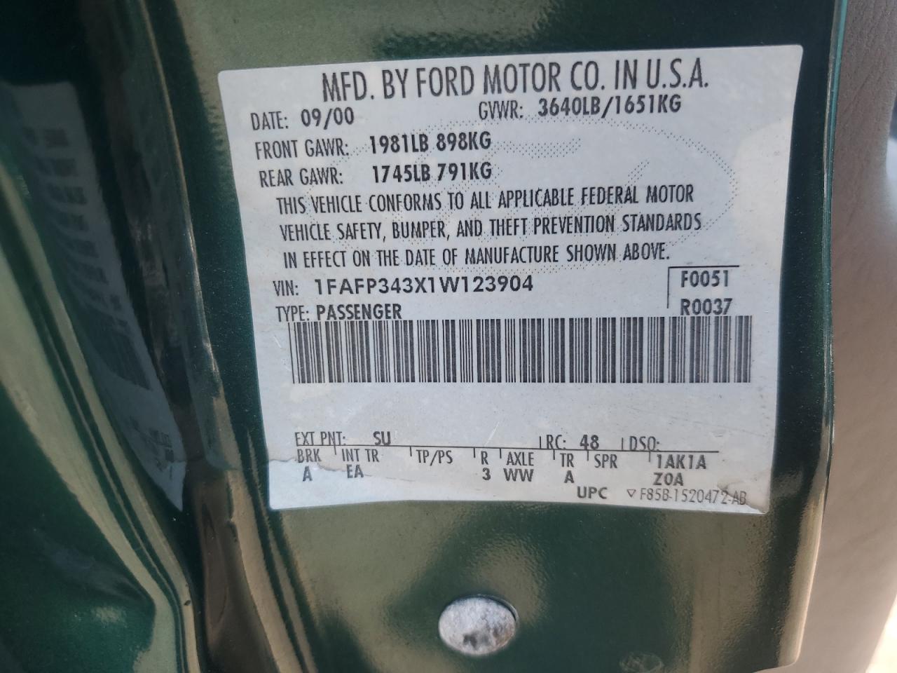 2001 Ford Focus Se VIN: 1FAFP343X1W123904 Lot: 80759735