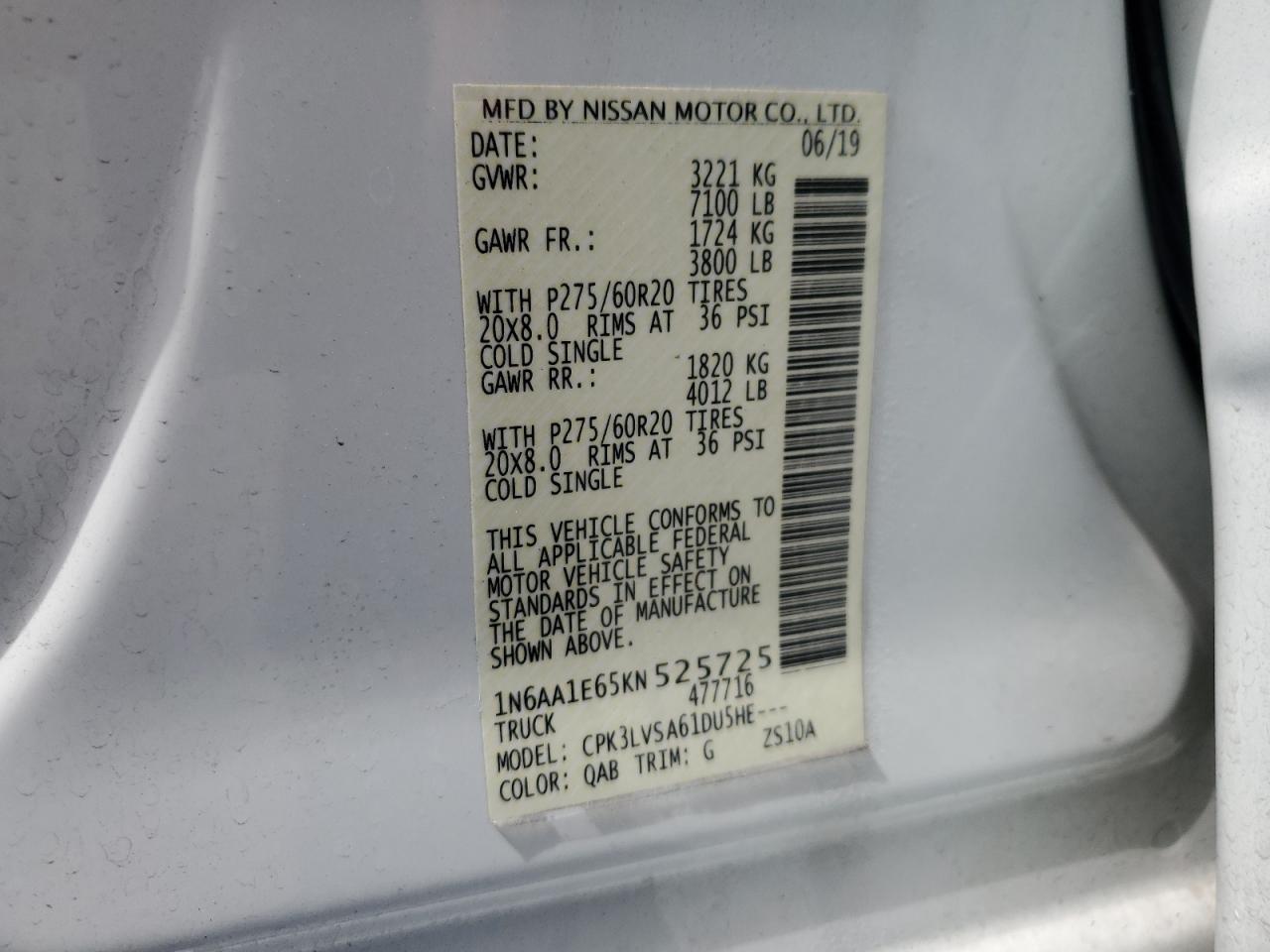 2019 Nissan Titan Platinum Reserve VIN: 1N6AA1E65KN525725 Lot: 80200545