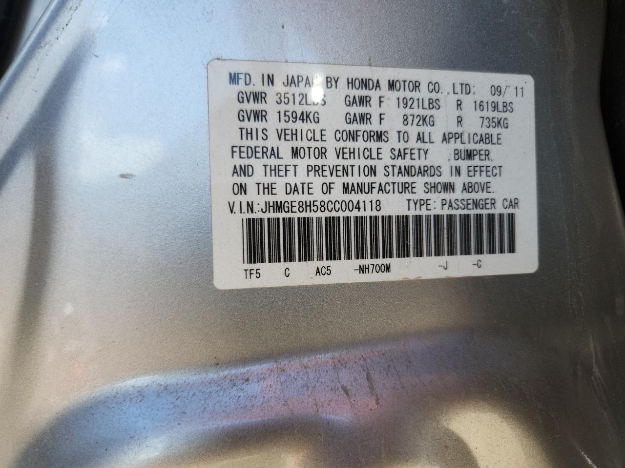 2012 Honda Fit Sport VIN: JHMGE8H58CC004118 Lot: 81307255