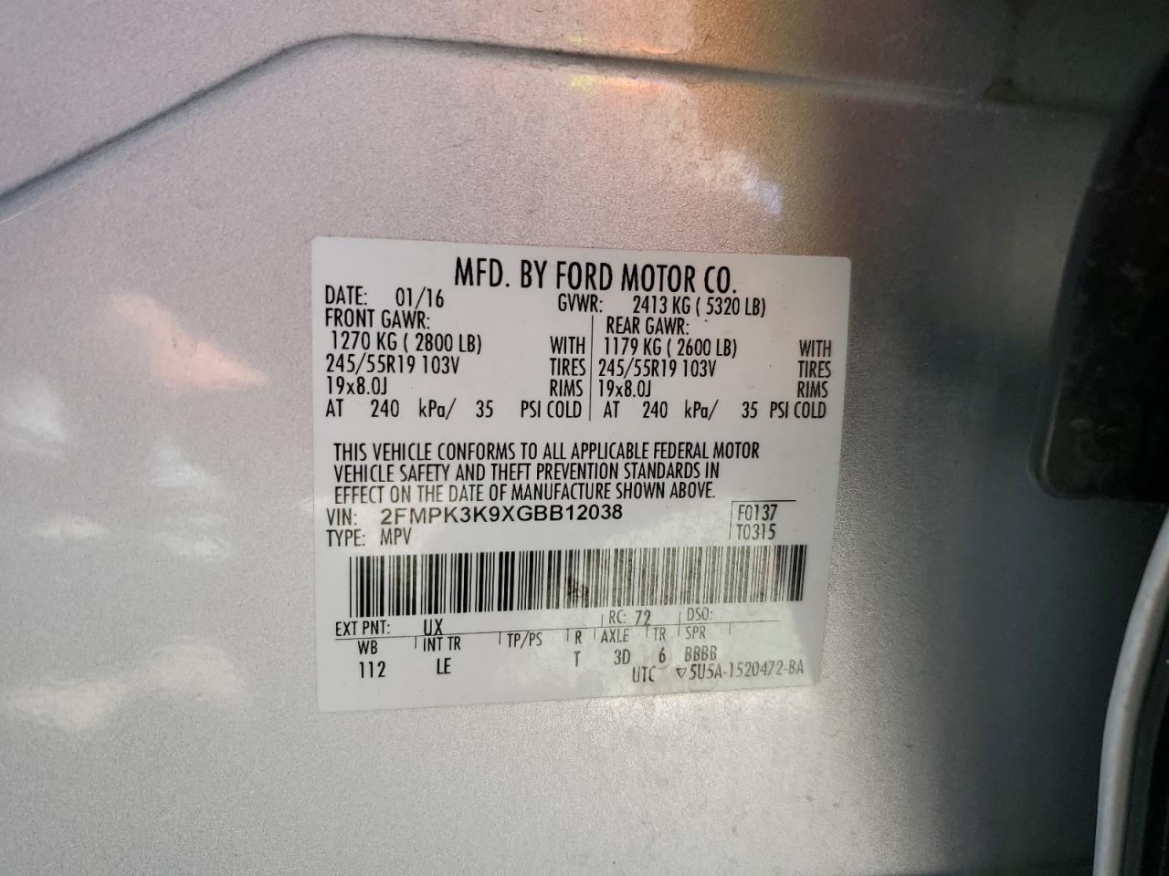 2016 Ford Edge Titanium VIN: 2FMPK3K9XGBB12038 Lot: 80675115