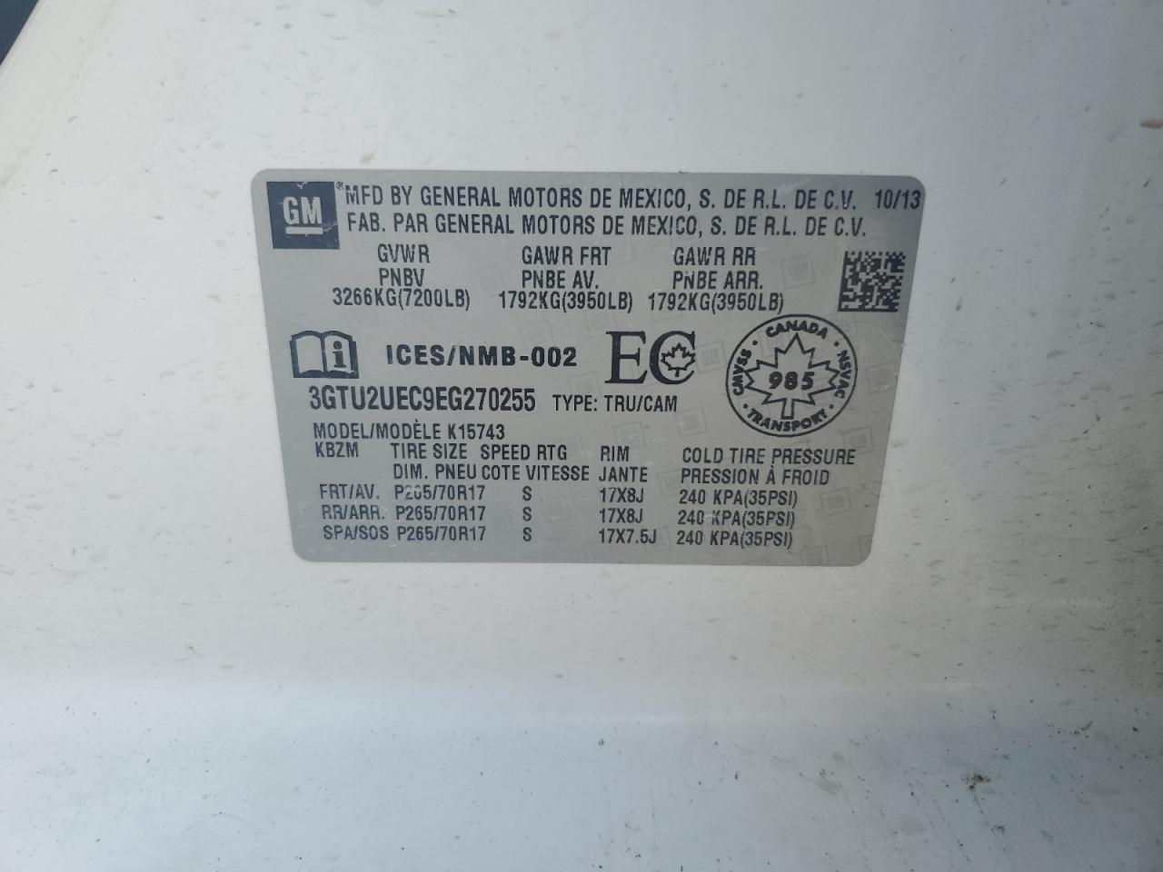 2014 GMC Sierra K1500 Sle VIN: 3GTU2UEC9EG270255 Lot: 71118425