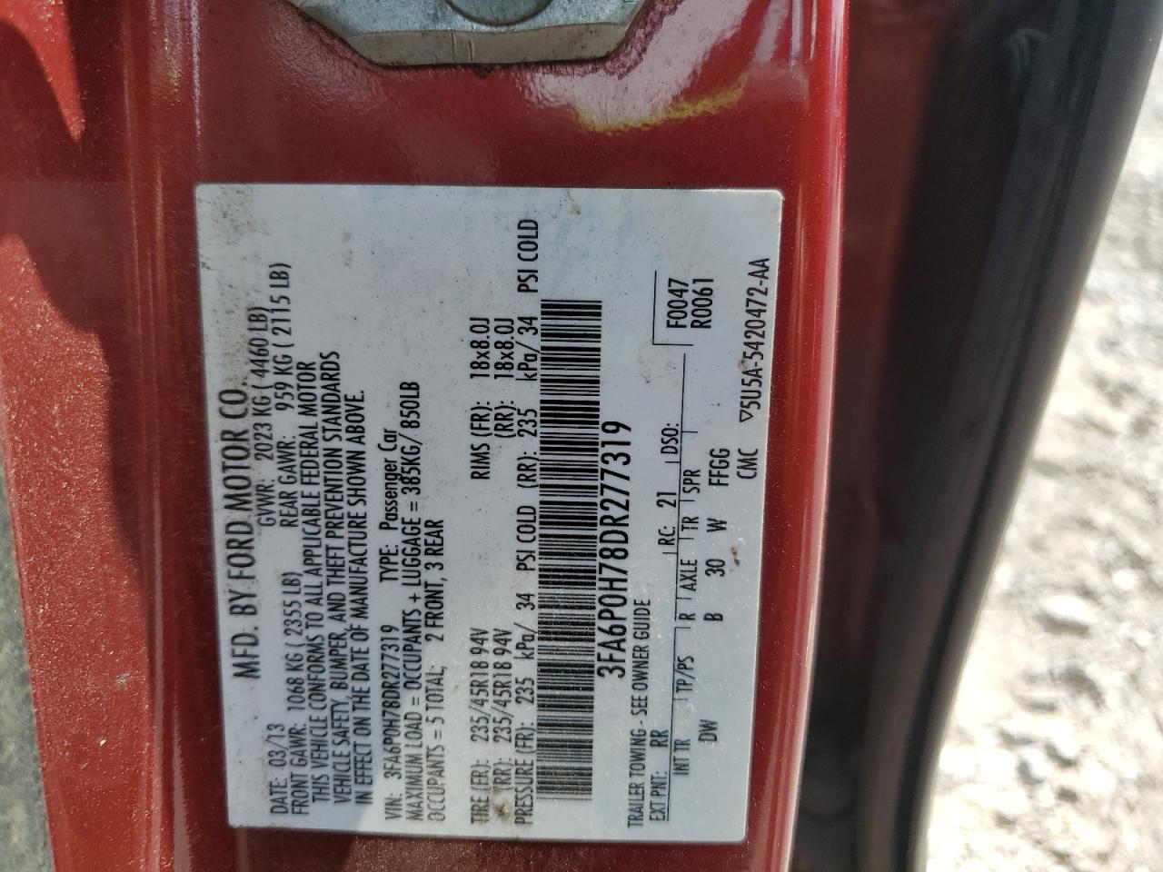 2013 Ford Fusion Se VIN: 3FA6P0H78DR277319 Lot: 71449005