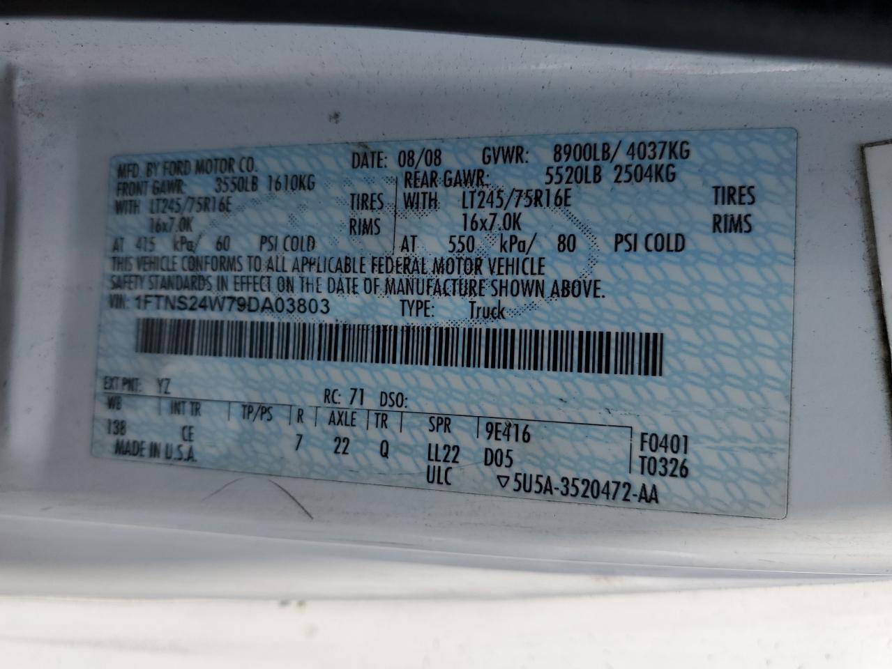 2009 Ford Econoline E250 Van VIN: 1FTNS24W79DA03803 Lot: 84396895