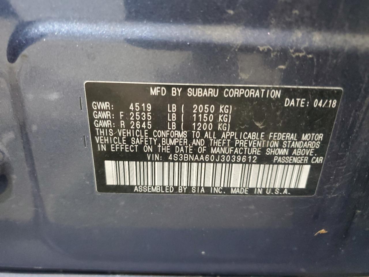 2018 Subaru Legacy 2.5I VIN: 4S3BNAA60J3039612 Lot: 84726045