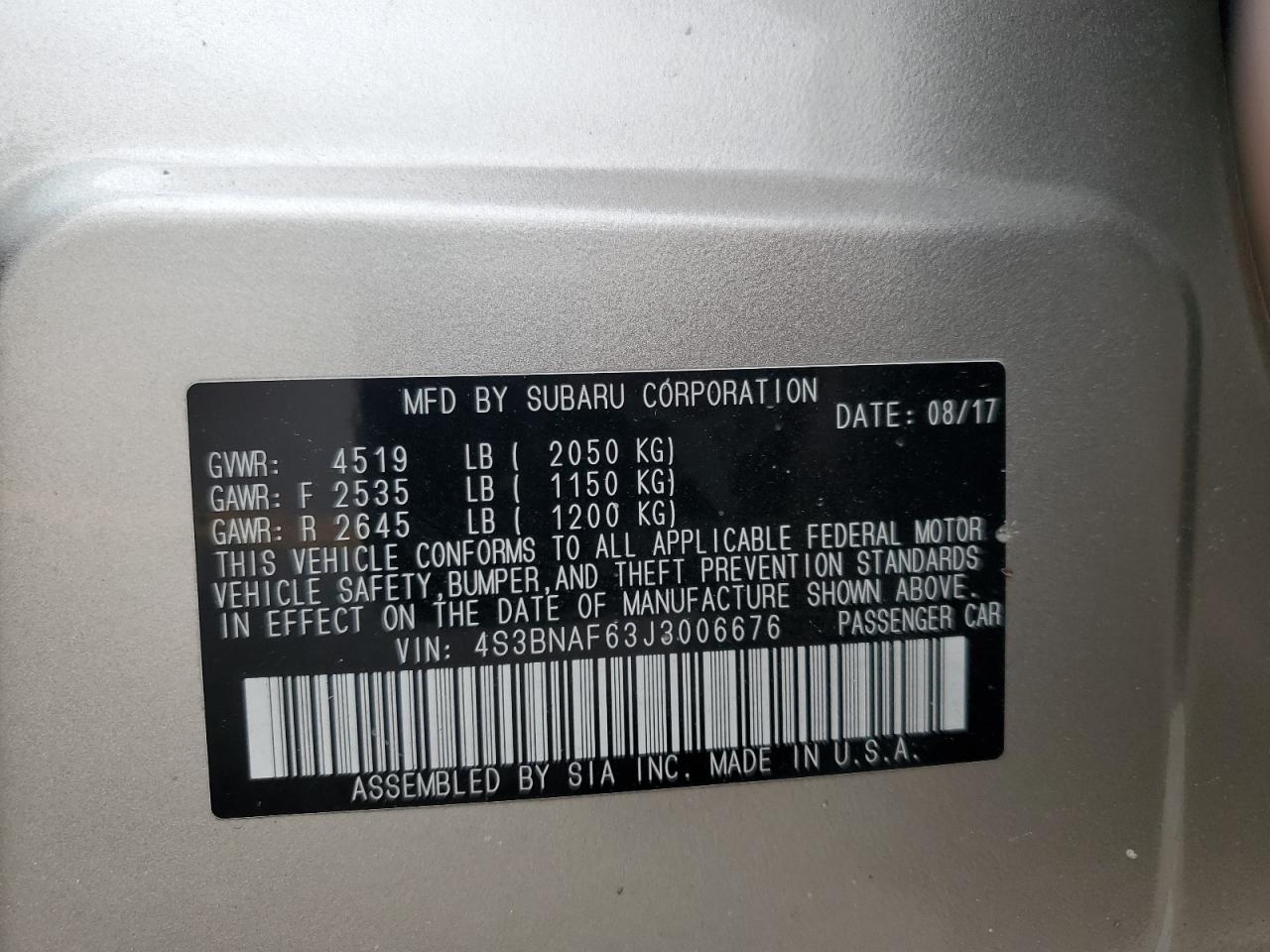 2018 Subaru Legacy 2.5I Premium VIN: 4S3BNAF63J3006676 Lot: 81332405