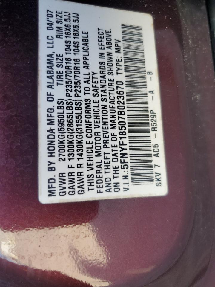 2007 Honda Pilot Exl VIN: 5FNYF18507B023670 Lot: 80184245