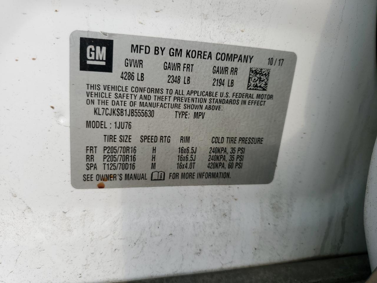 2018 Chevrolet Trax Ls VIN: KL7CJKSB1JB555630 Lot: 80642555