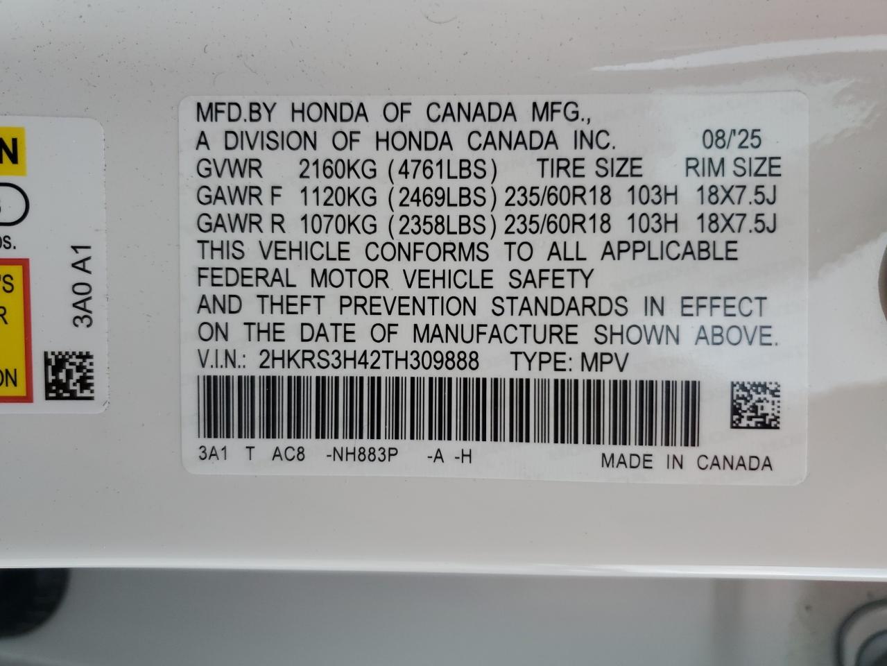 2026 Honda Cr-V Ex VIN: 2HKRS3H42TH309888 Lot: 84781255