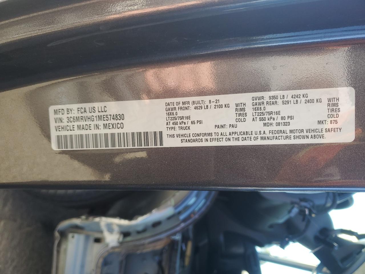 2021 Ram Promaster 3500 3500 High VIN: 3C6MRVHG1ME574830 Lot: 81255015