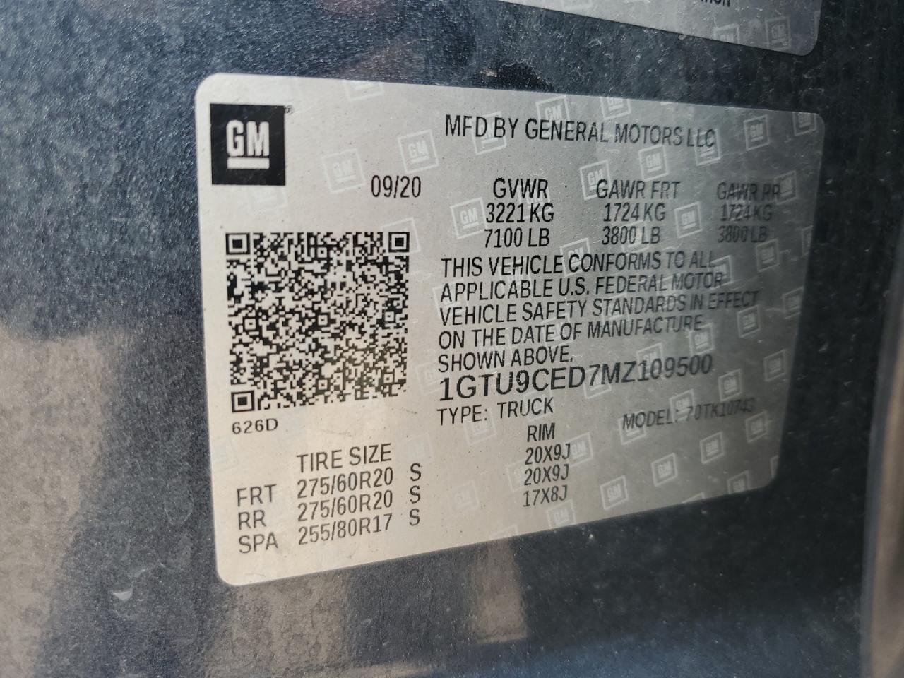 2021 GMC Sierra K1500 Elevation VIN: 1GTU9CED7MZ109500 Lot: 71567095