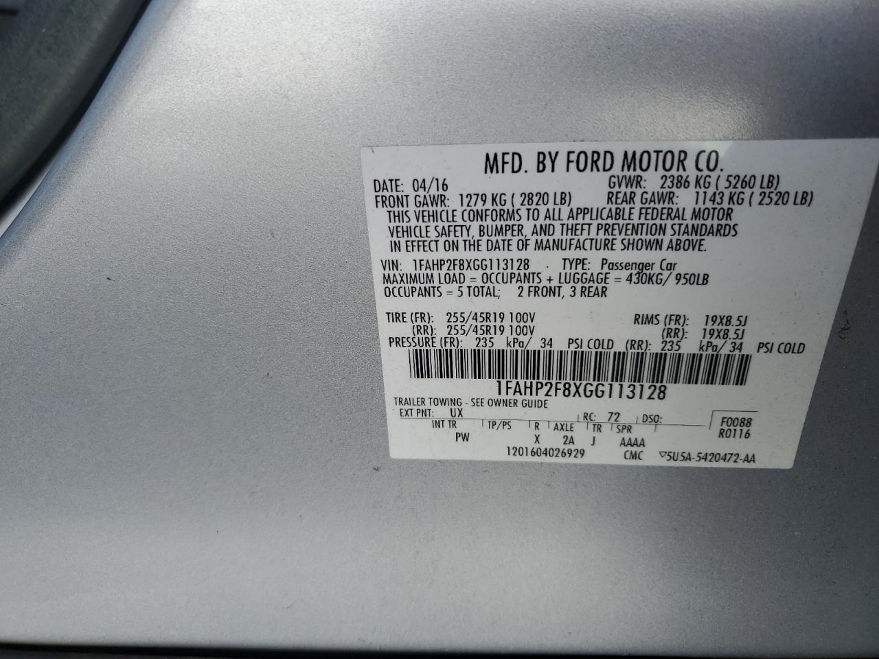 2016 Ford Taurus Limited VIN: 1FAHP2F8XGG113128 Lot: 81404935