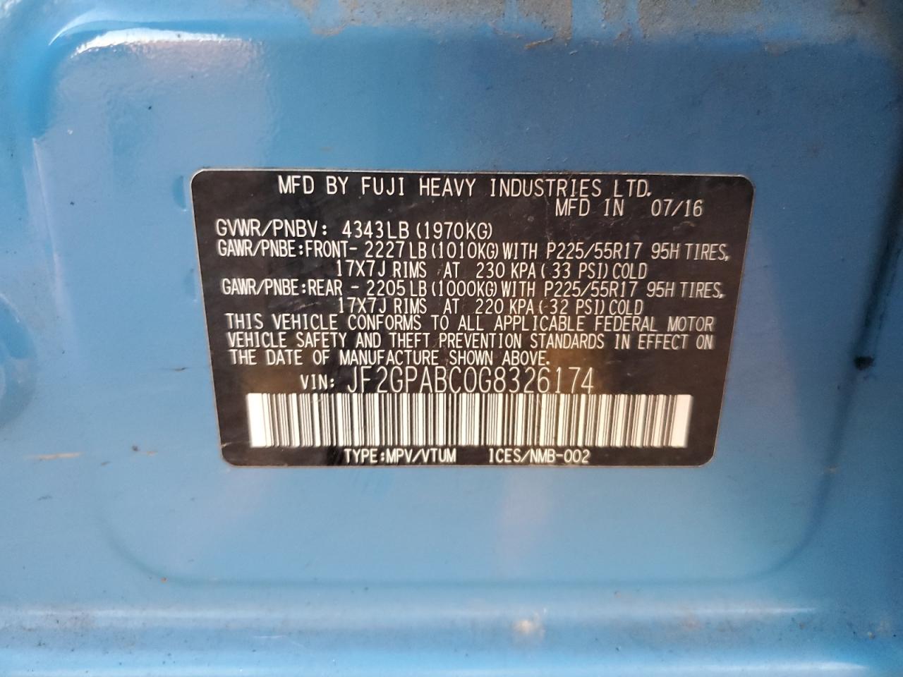 2016 Subaru Crosstrek Premium VIN: JF2GPABC0G8326174 Lot: 84050105