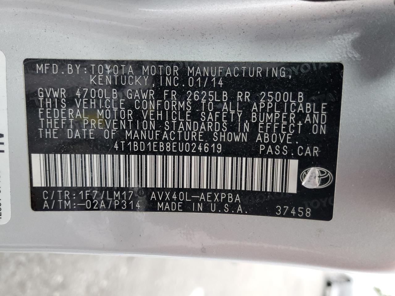 2014 Toyota Avalon Hybrid VIN: 4T1BD1EB8EU024619 Lot: 81821425