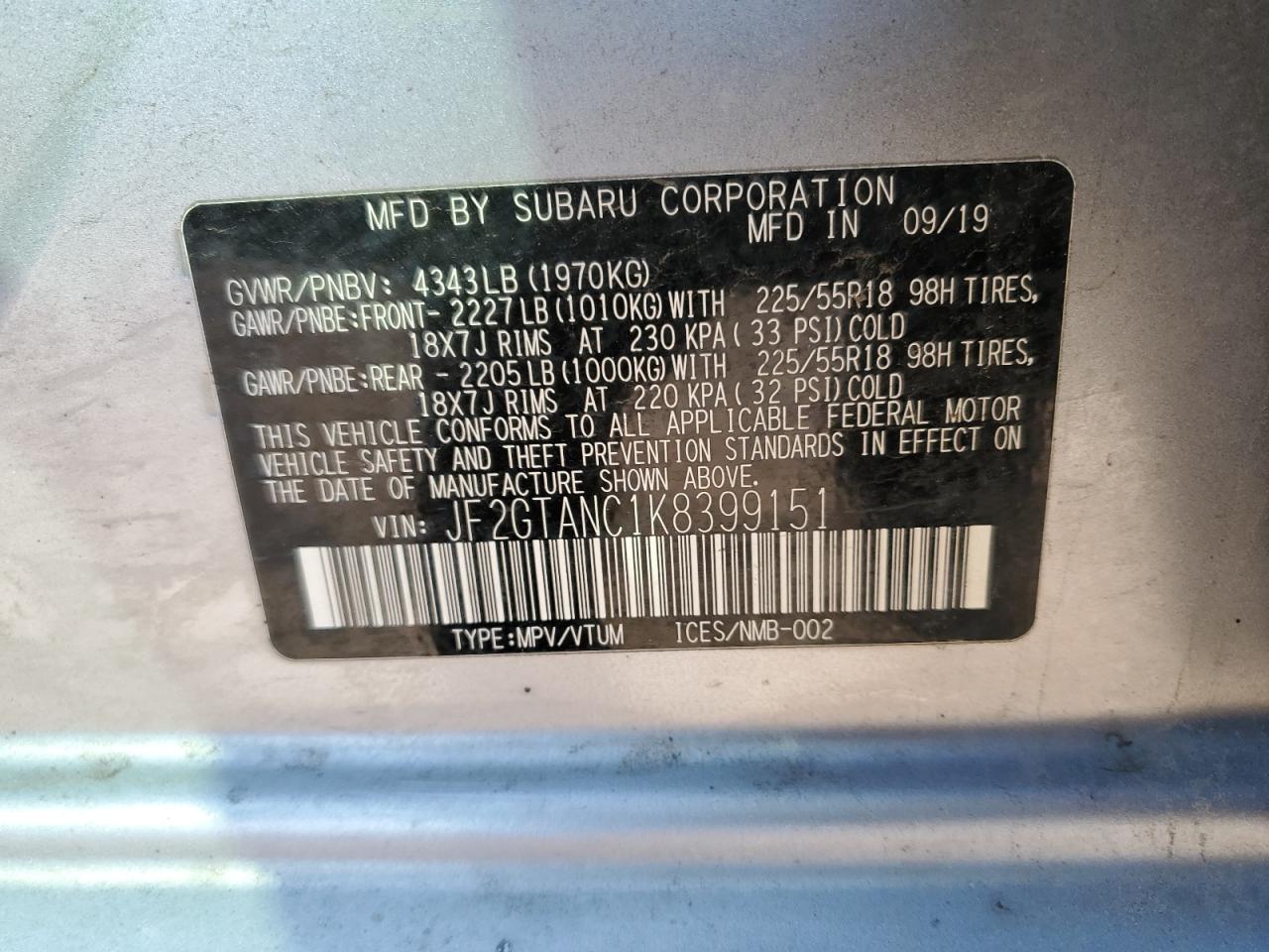 2019 Subaru Crosstrek Limited VIN: JF2GTANC1K8399151 Lot: 80889115