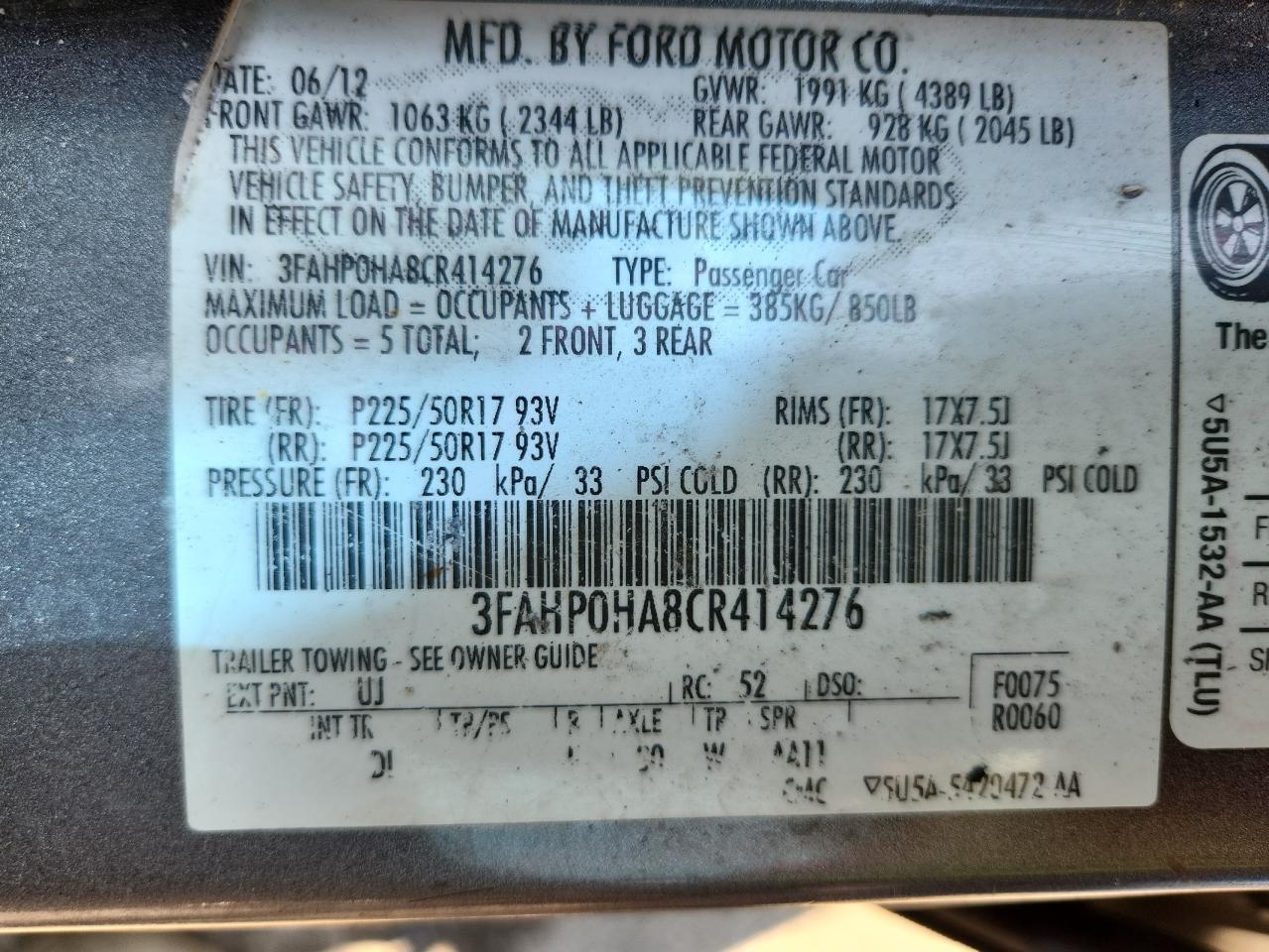 2012 Ford Fusion Se VIN: 3FAHP0HA8CR414276 Lot: 80893115