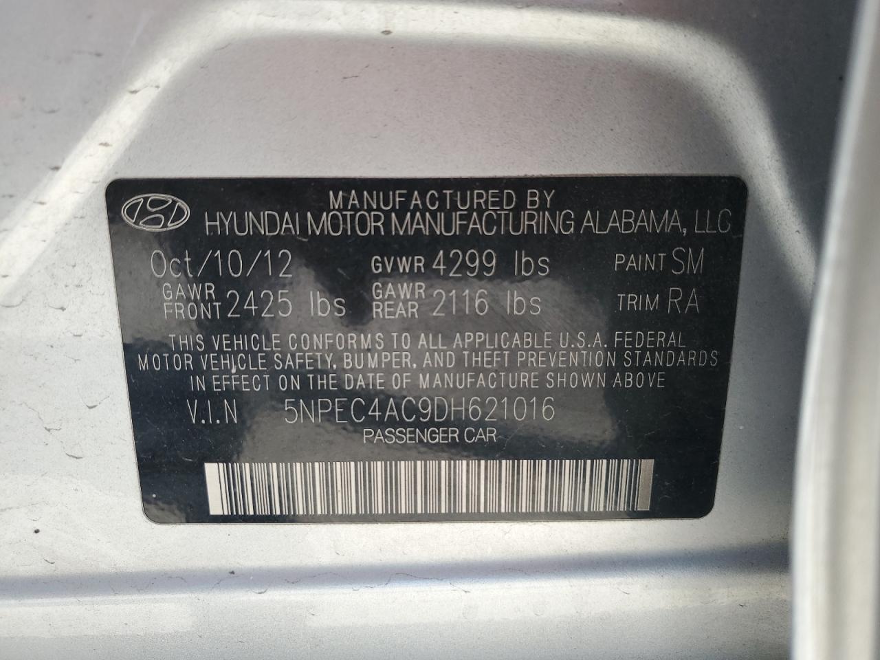 2013 Hyundai Sonata Se VIN: 5NPEC4AC9DH621016 Lot: 71962815