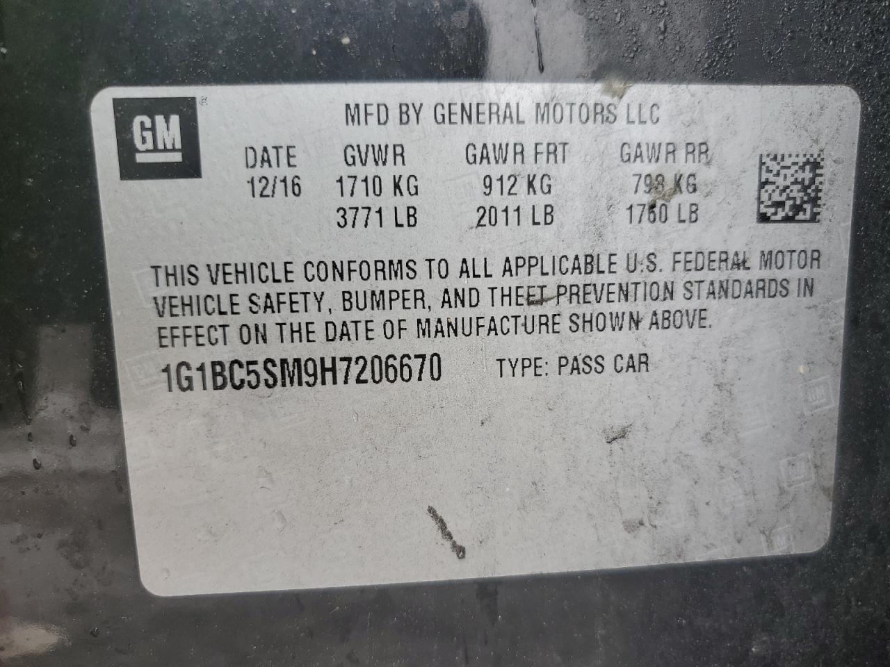 2017 Chevrolet Cruze Ls VIN: 1G1BC5SM9H7206670 Lot: 81797335