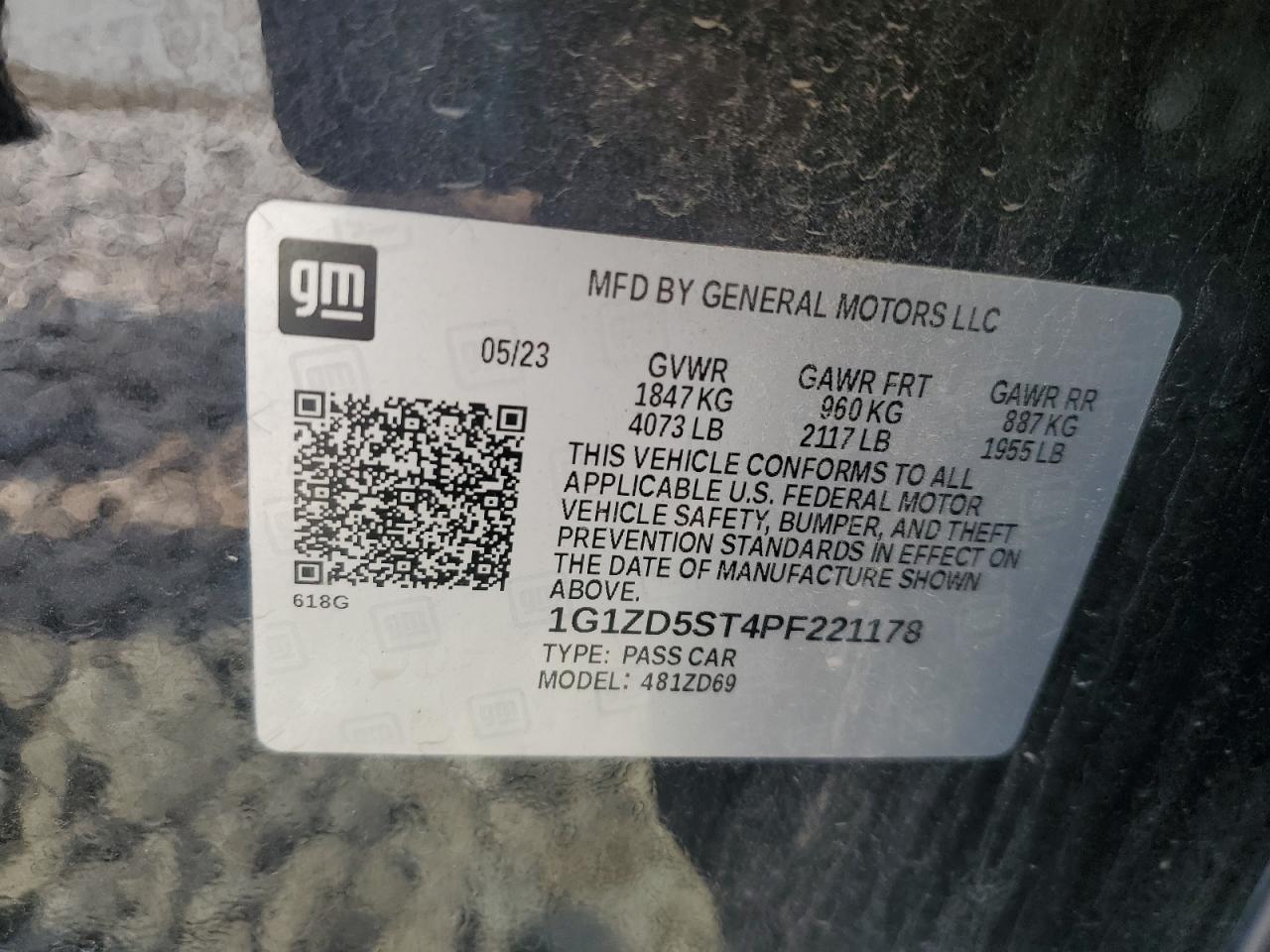 2023 Chevrolet Malibu Lt VIN: 1G1ZD5ST4PF221178 Lot: 71963675