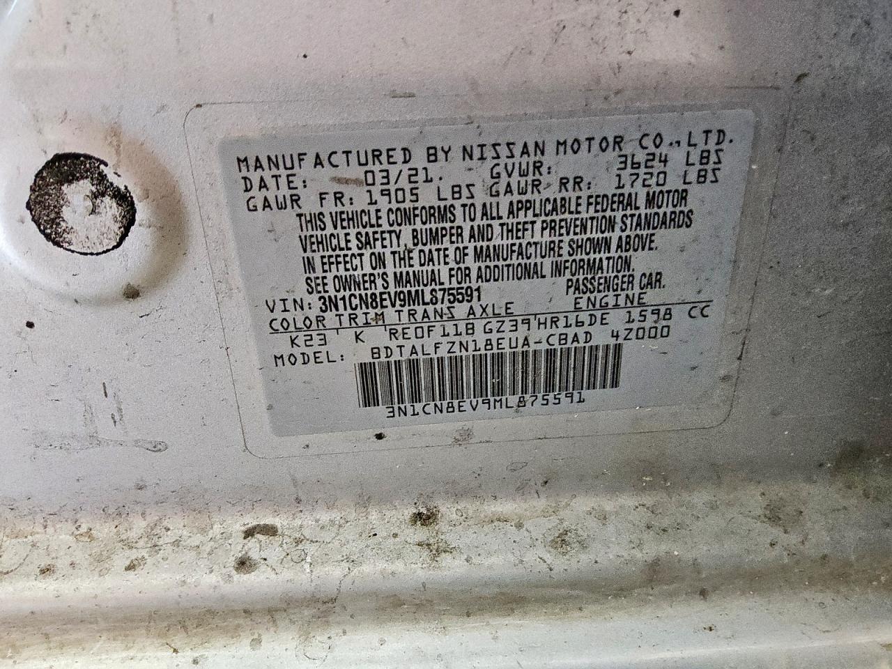 2021 Nissan Versa Sv VIN: 3N1CN8EV9ML875591 Lot: 81485165