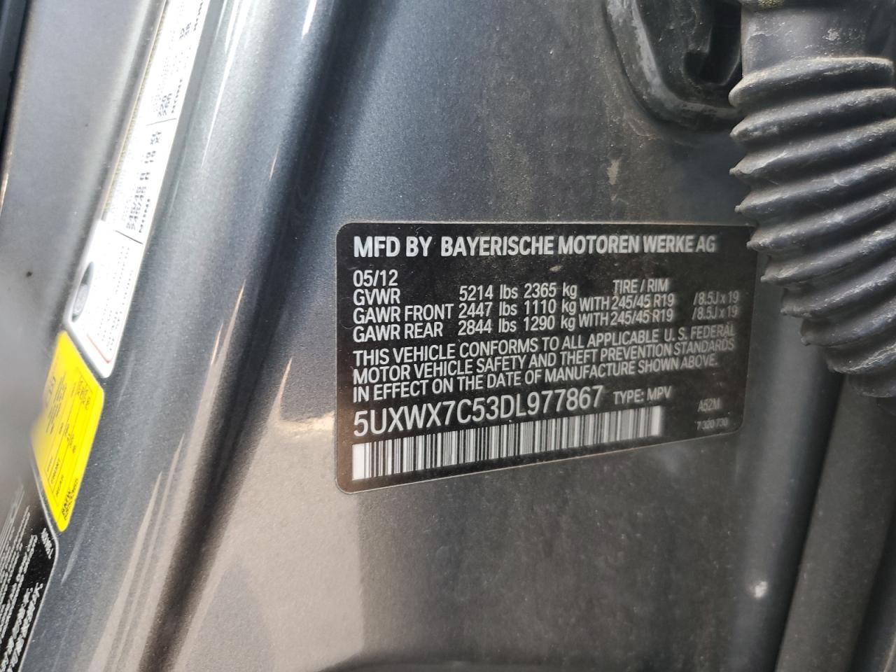 2013 BMW X3 xDrive35I VIN: 5UXWX7C53DL977867 Lot: 70816055