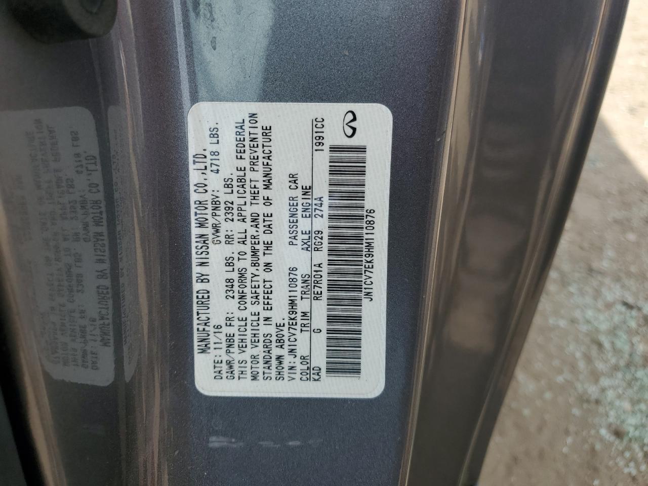 2017 Infiniti Q60 Base VIN: JN1CV7EK9HM110876 Lot: 83767945