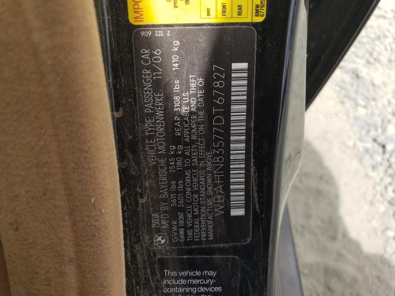 2007 BMW 750 VIN: WBAHN83577DT67827 Lot: 71722355