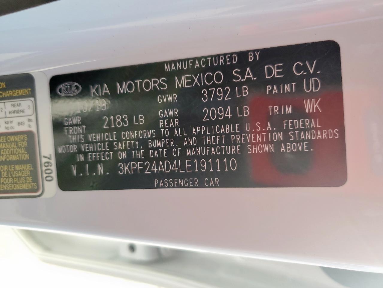 2020 Kia Forte Fe VIN: 3KPF24AD4LE191110 Lot: 81782915
