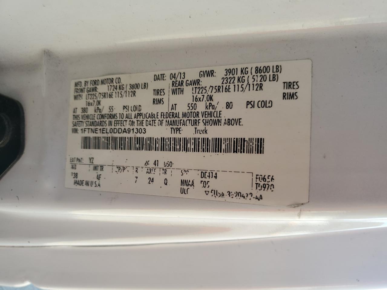 2013 Ford Econoline E150 Van VIN: 1FTNE1EL0DDA91303 Lot: 72075955