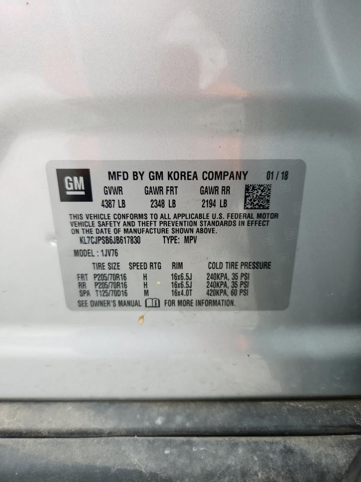 2018 Chevrolet Trax 1Lt VIN: KL7CJPSB6JB617830 Lot: 84878065