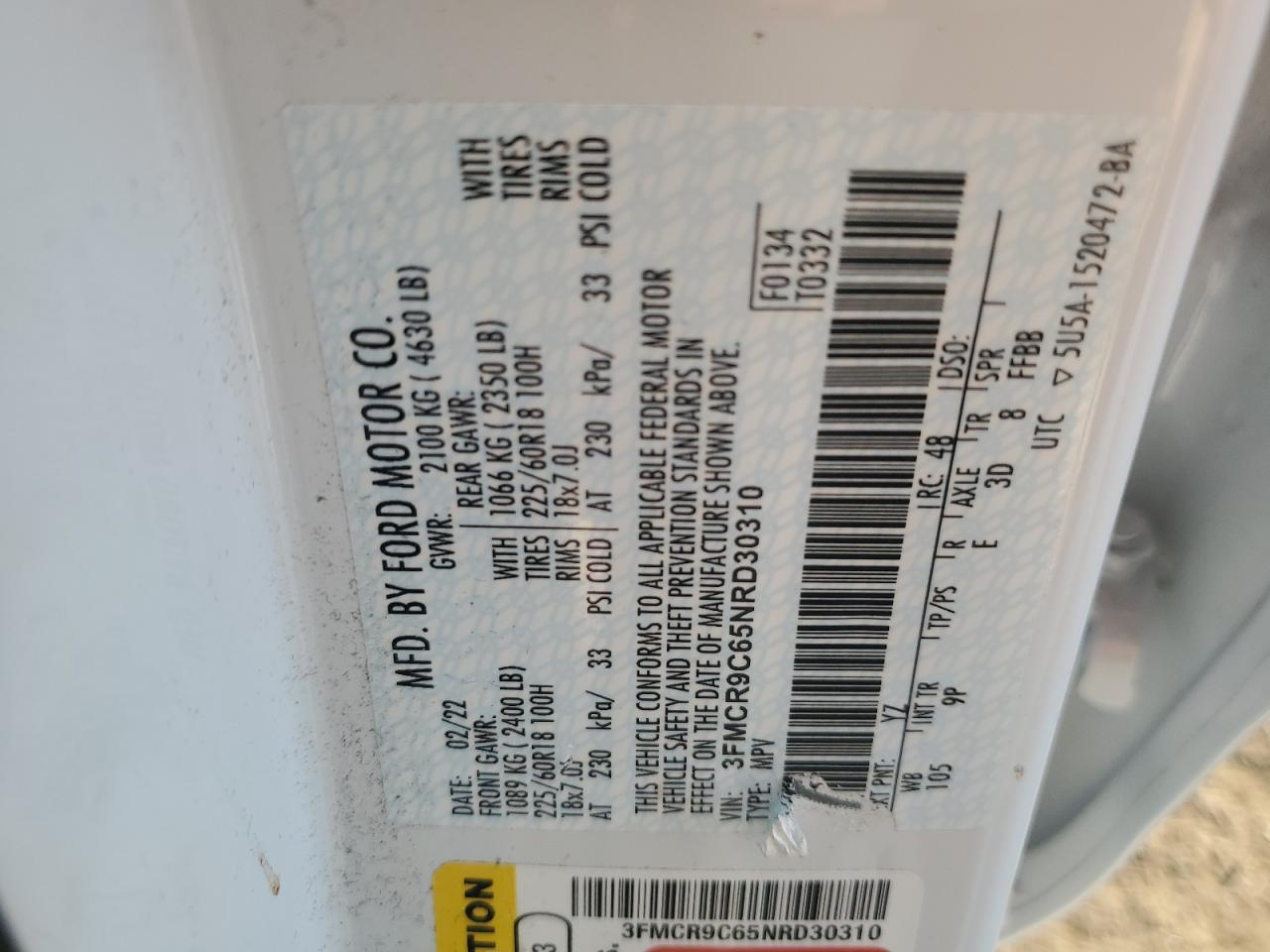2022 Ford Bronco Sport Outer Banks VIN: 3FMCR9C65NRD30310 Lot: 80374275