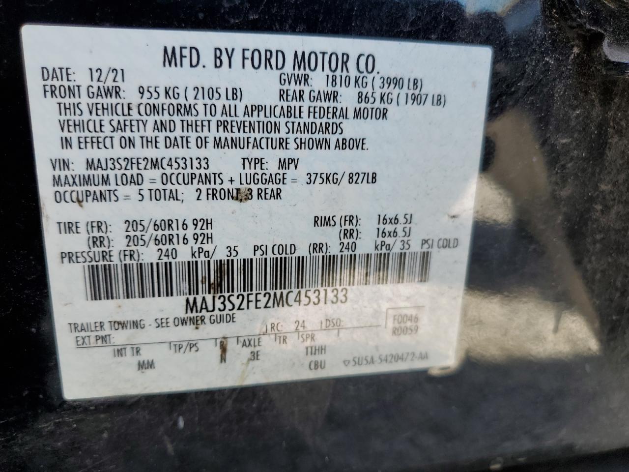 2021 Ford Ecosport S VIN: MAJ3S2FE2MC453133 Lot: 81756375