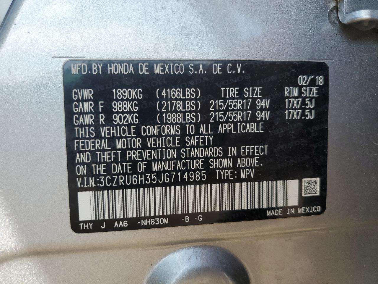 2018 Honda Hr-V Lx VIN: 3CZRU6H35JG714985 Lot: 80277875