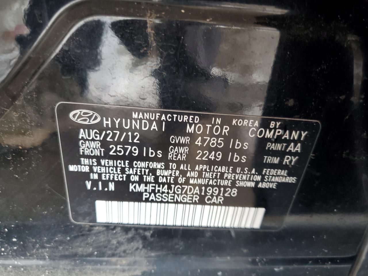 2013 Hyundai Azera Gls VIN: KMHFH4JG7DA199128 Lot: 81682065