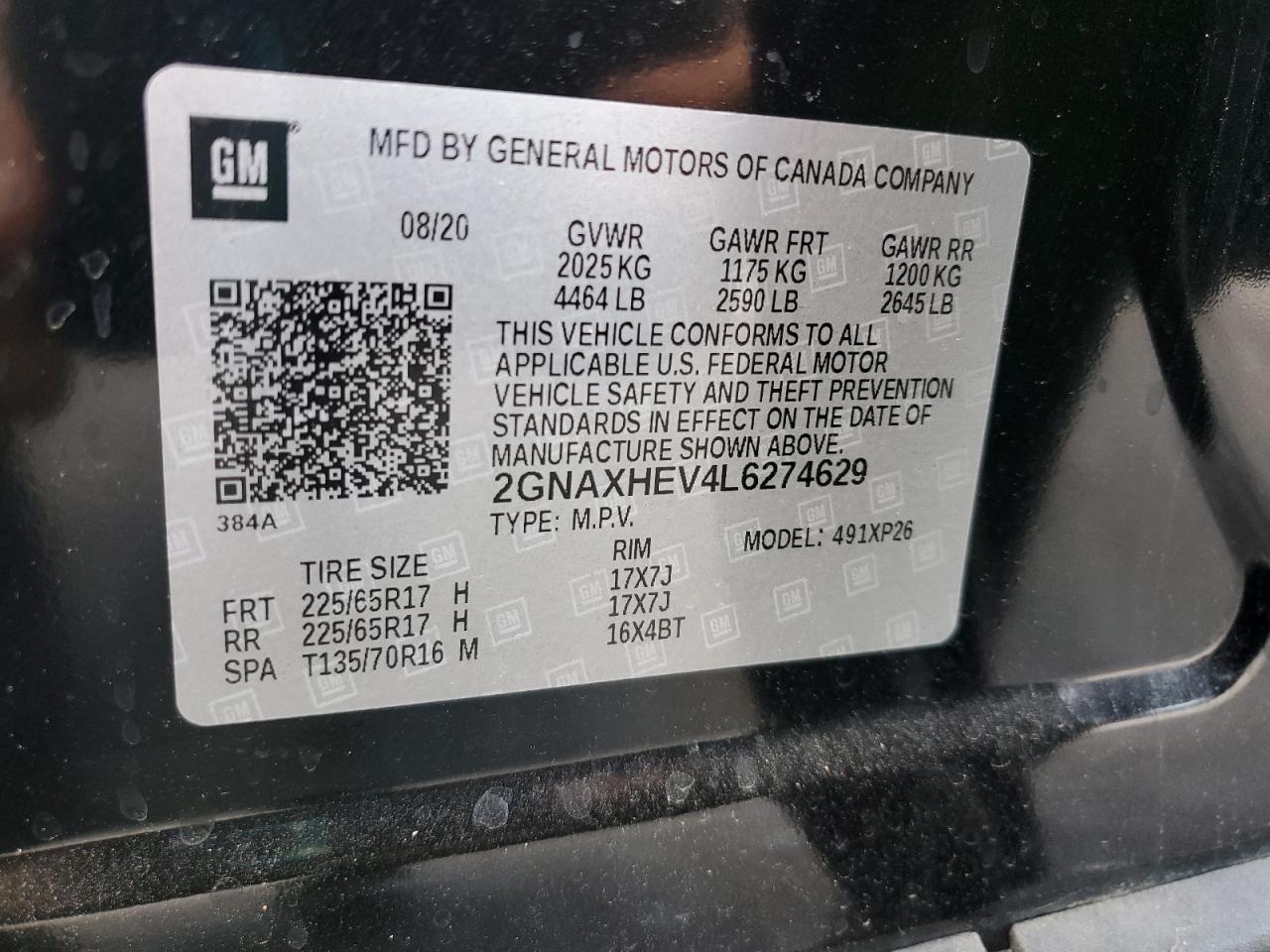 2020 Chevrolet Equinox Ls VIN: 2GNAXHEV4L6274629 Lot: 71164895