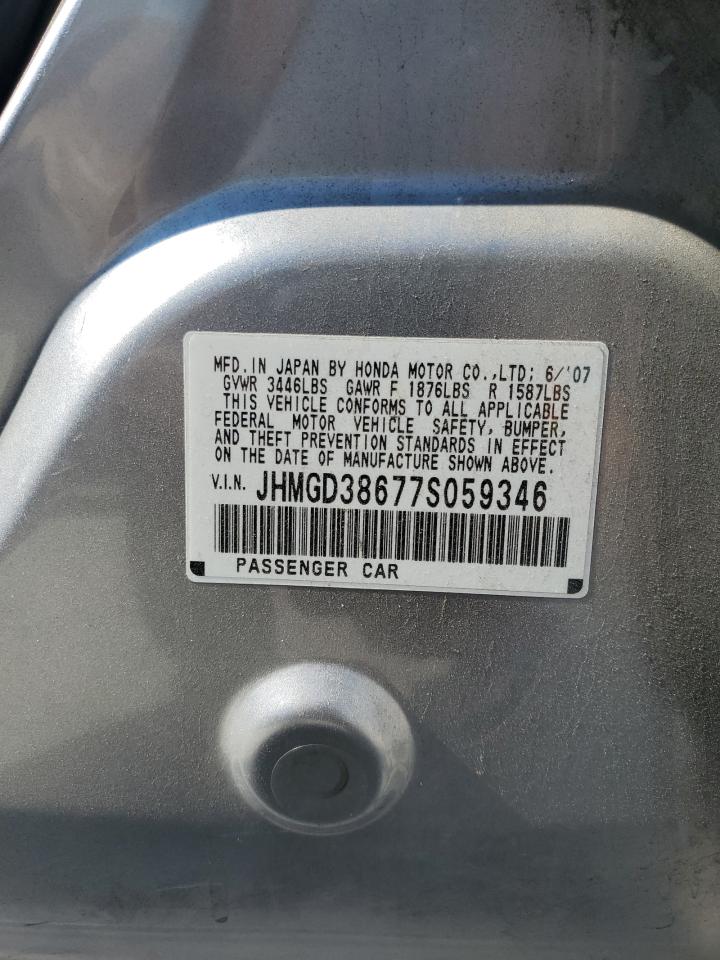 2007 Honda Fit S VIN: JHMGD38677S059346 Lot: 84005025