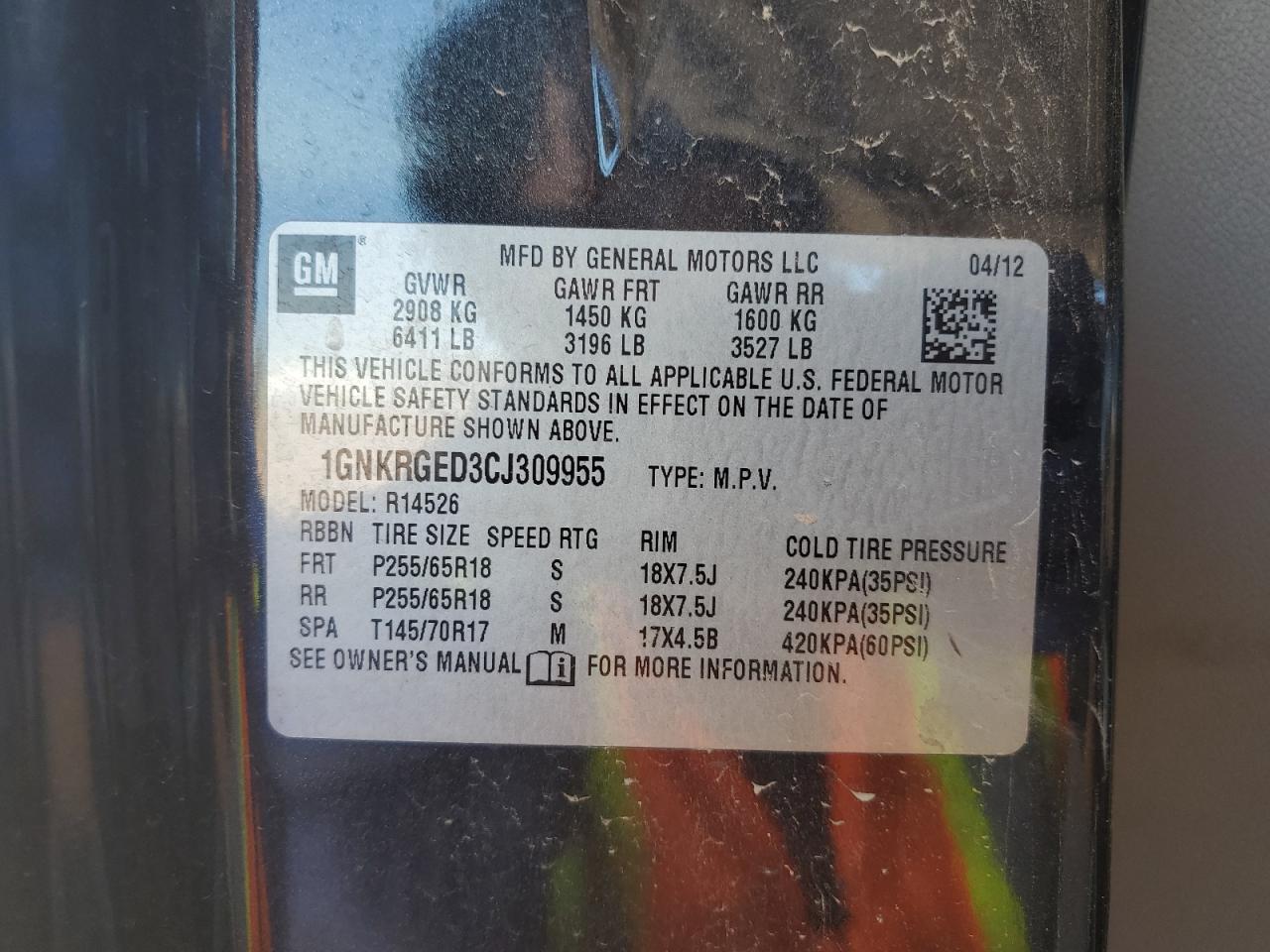 2012 Chevrolet Traverse Lt VIN: 1GNKRGED3CJ309955 Lot: 84013385