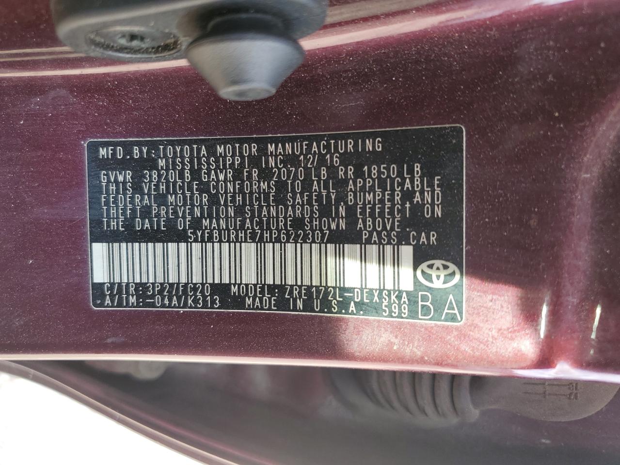 2017 Toyota Corolla L VIN: 5YFBURHE7HP622307 Lot: 72012645