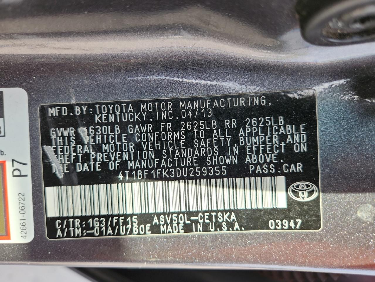 2013 Toyota Camry L VIN: 4T1BF1FK3DU259355 Lot: 72012985