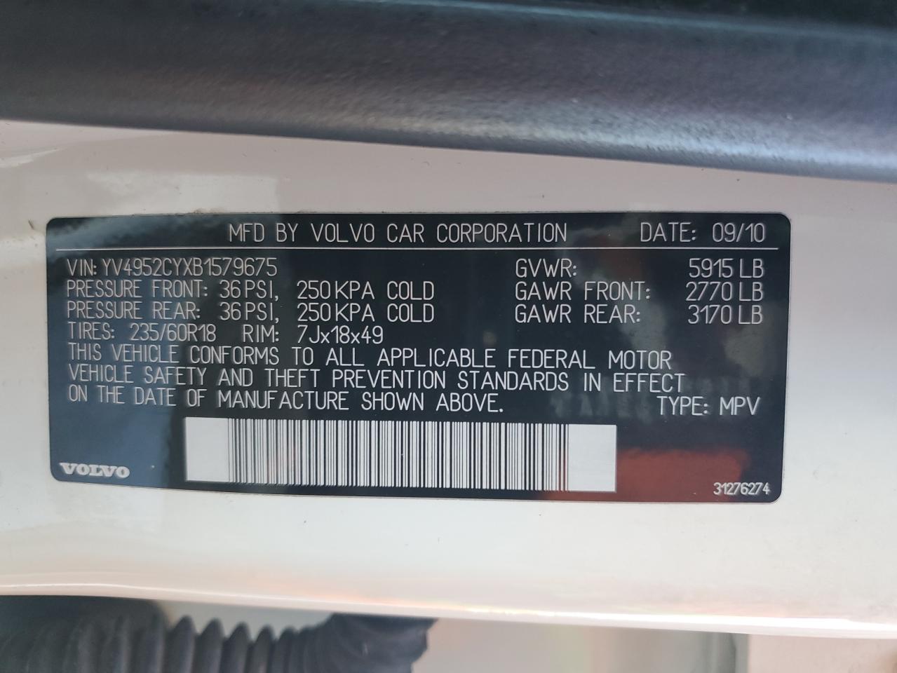 2011 Volvo Xc90 3.2 VIN: YV4952CYXB1579675 Lot: 84631705