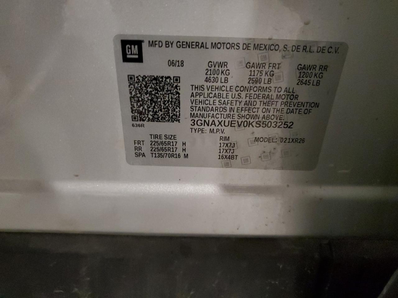 2019 Chevrolet Equinox Lt VIN: 3GNAXUEV0KS503252 Lot: 82155725