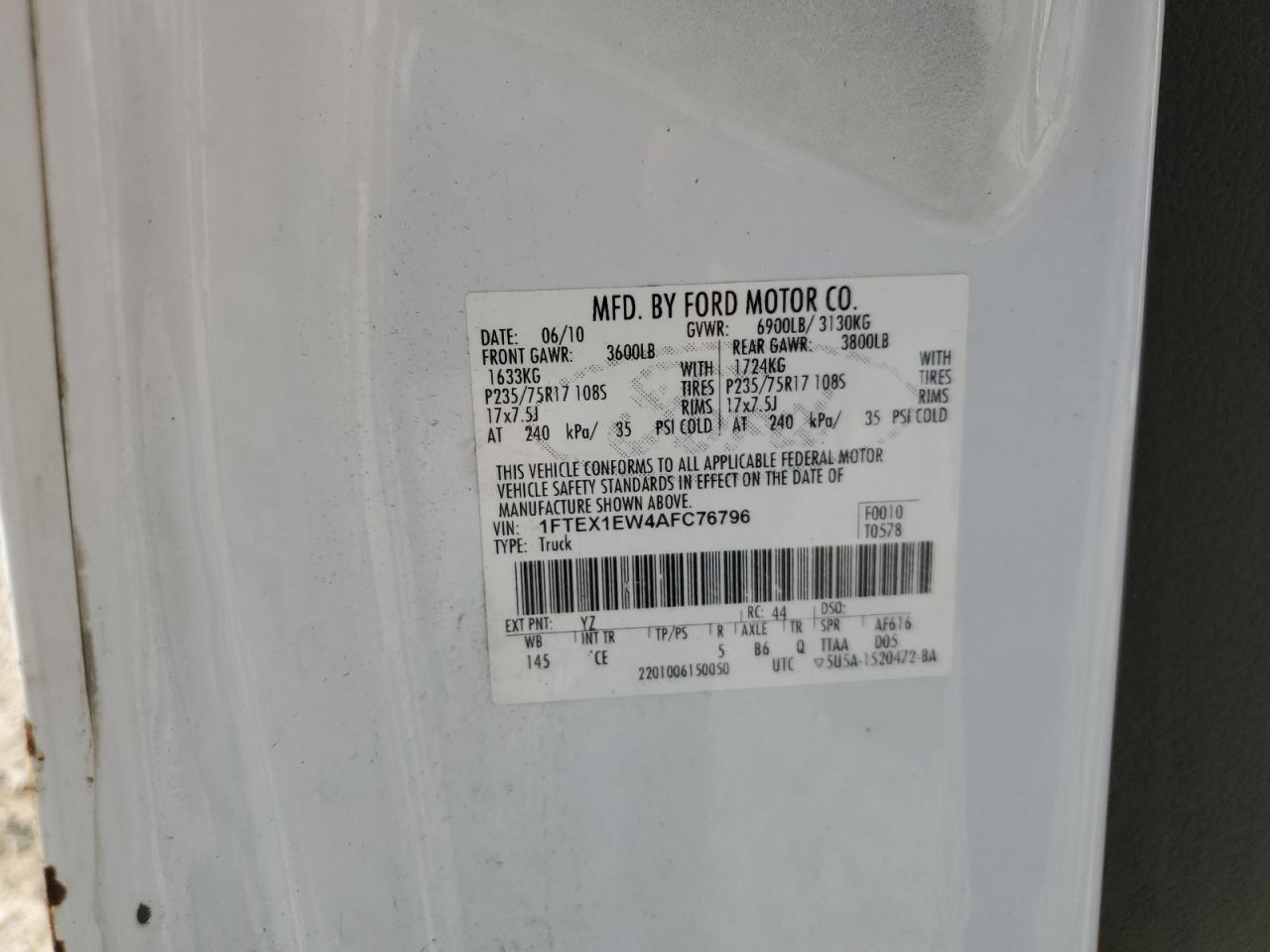 2010 Ford F150 Super Cab VIN: 1FTEX1EW4AFC76796 Lot: 81515545