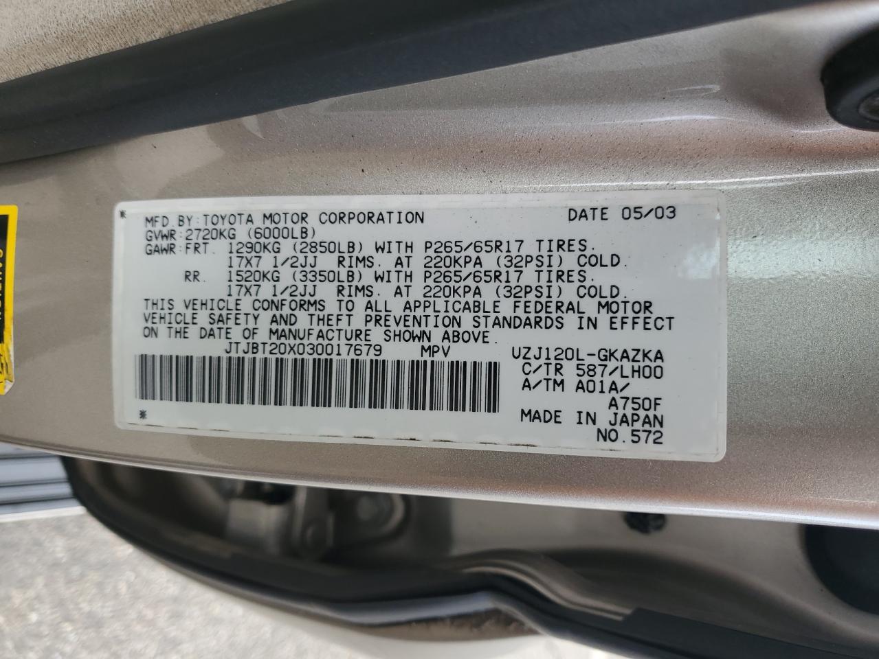 2003 Lexus Gx 470 VIN: JTJBT20X030017679 Lot: 80868435
