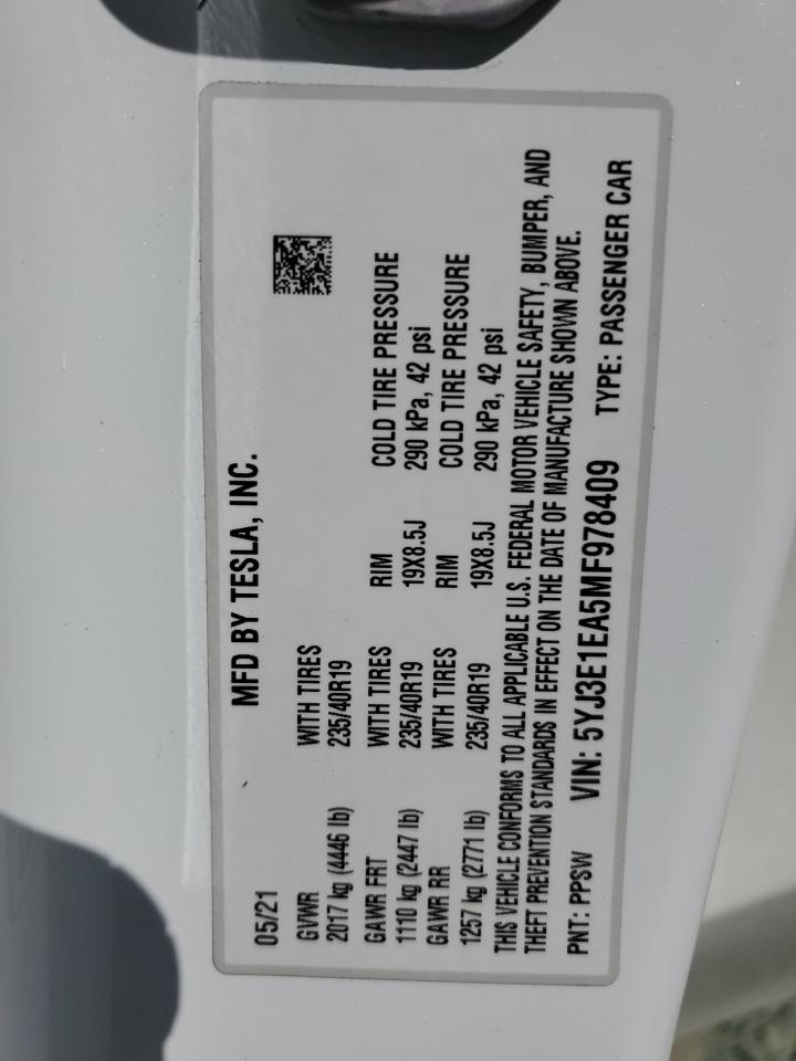 2021 Tesla Model 3 VIN: 5YJ3E1EA5MF978409 Lot: 84420625