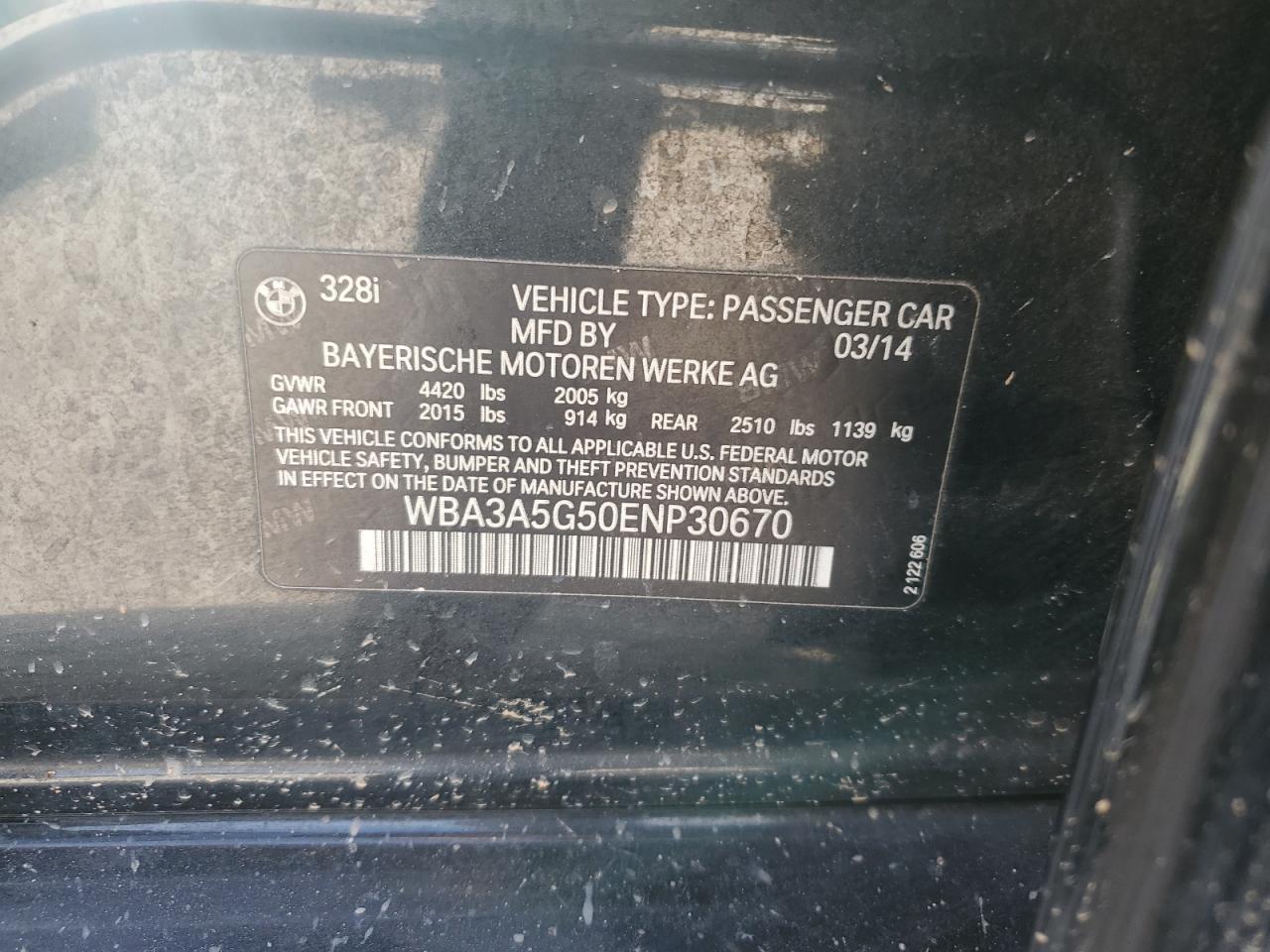 2014 BMW 328 I VIN: WBA3A5G50ENP30670 Lot: 81692065