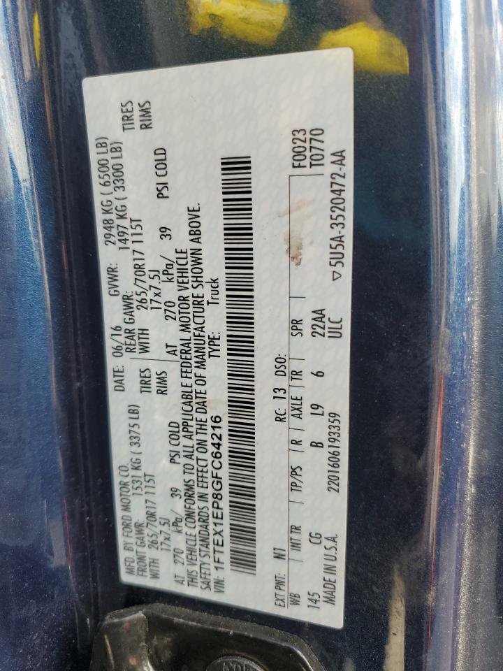 2016 Ford F150 Super Cab VIN: 1FTEX1EP8GFC64216 Lot: 81961025