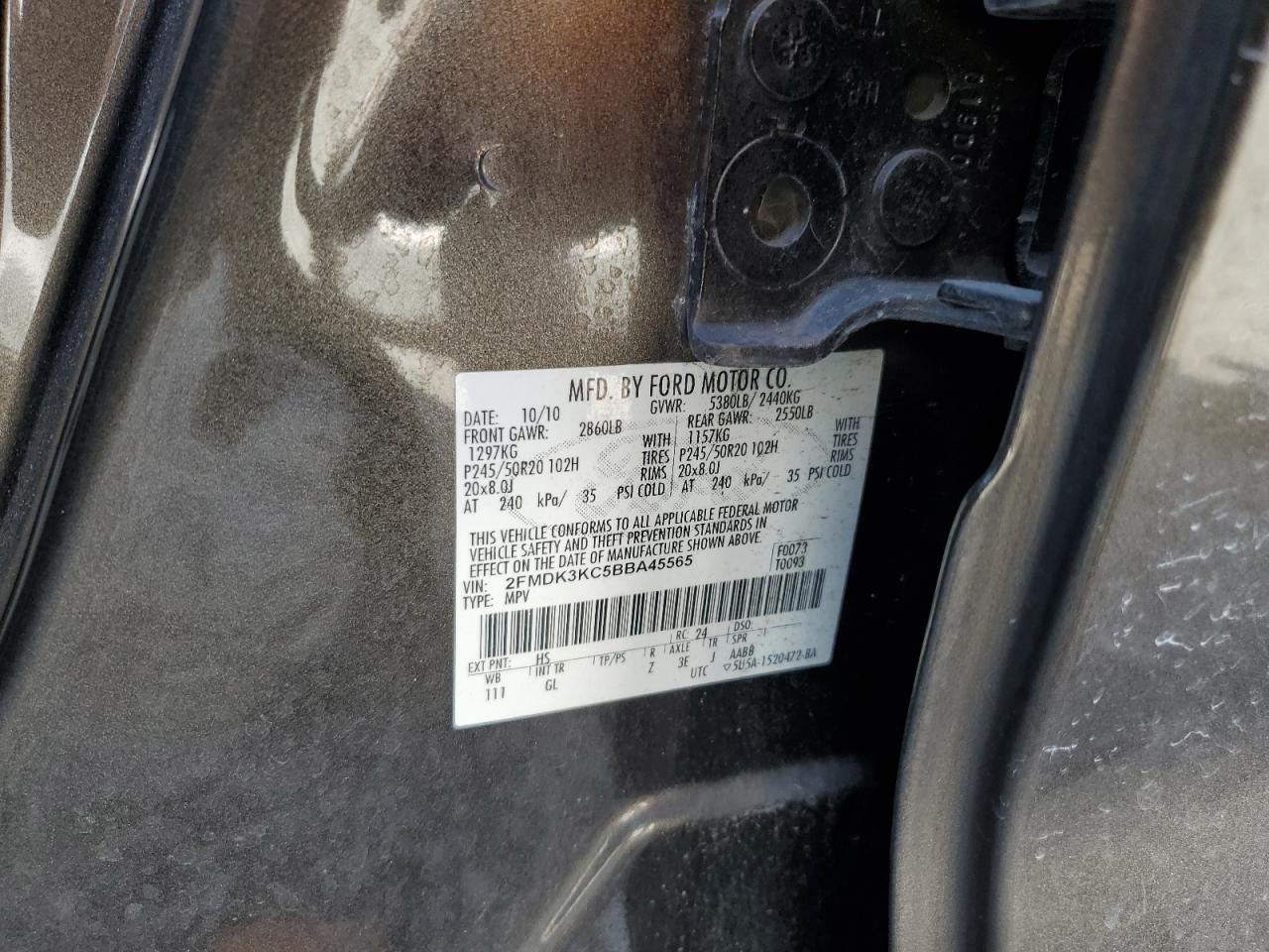 2011 Ford Edge VIN: 2FMDK3KC5BBA45565 Lot: 71063665