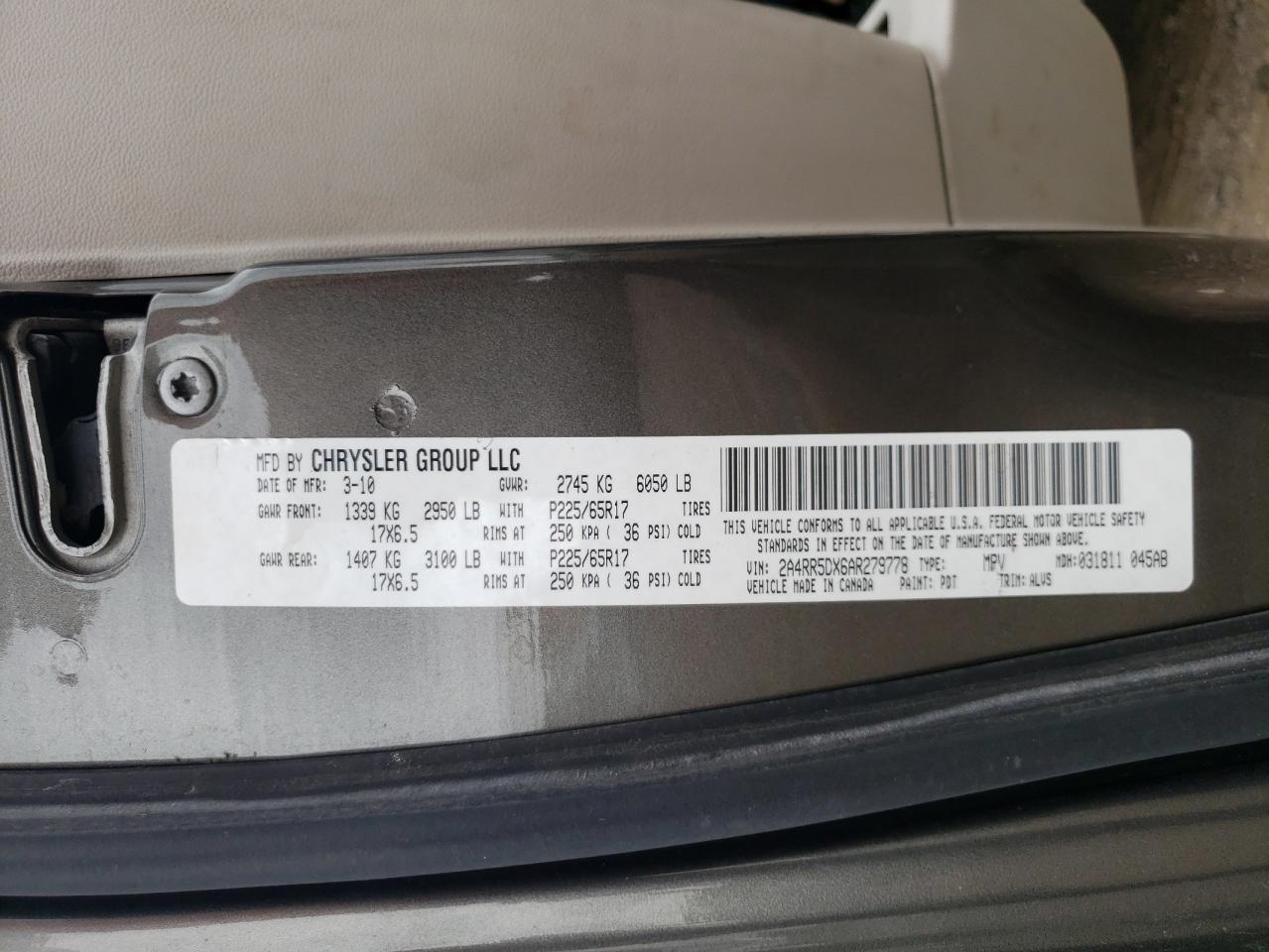 2010 Chrysler Town & Country Touring VIN: 2A4RR5DX6AR279778 Lot: 81460725