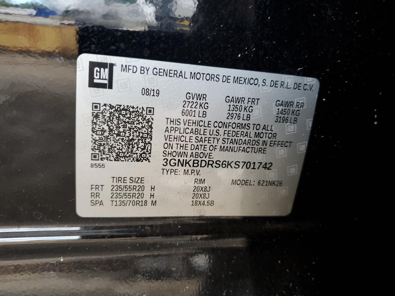 2019 Chevrolet Blazer 3Lt VIN: 3GNKBDRS6KS701742 Lot: 62751845