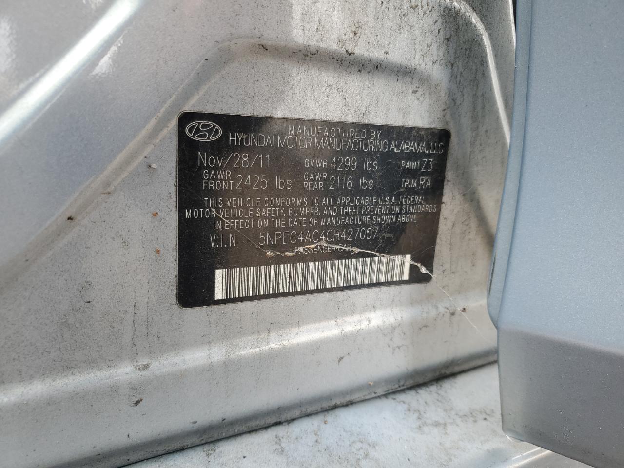 2012 Hyundai Sonata Se VIN: 5NPEC4AC4CH427007 Lot: 82081085
